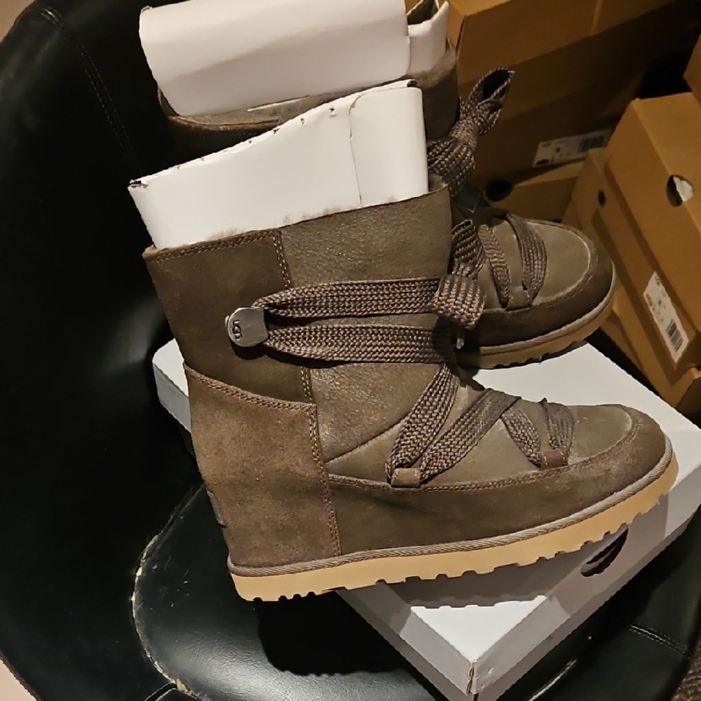 UGG Brown Suede Lace-Up Mid-Calf Boots Heels